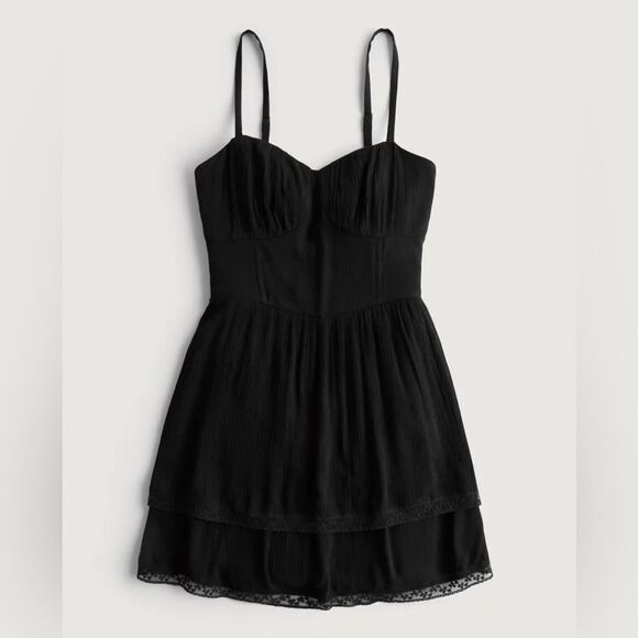 Hollister Black Double Tier Lace Trim Mini Dress Medium - Picture 1 of 6